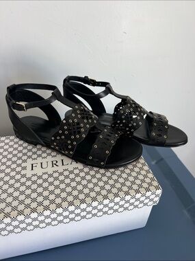 Furla aurora laser cut lace pattern onyx black leather open toe sandals 38